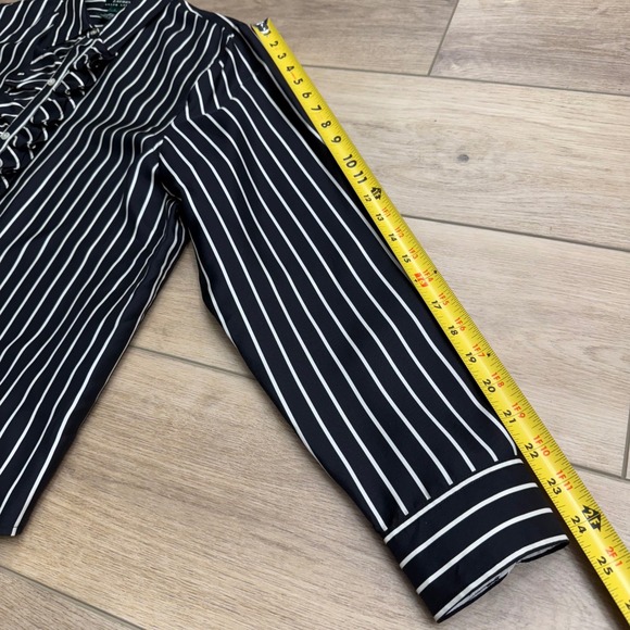 LRL Ralph Lauren Silk Black White Striped‎ Ruffle Front Dark Coquette Goth L - Picture 14 of 15